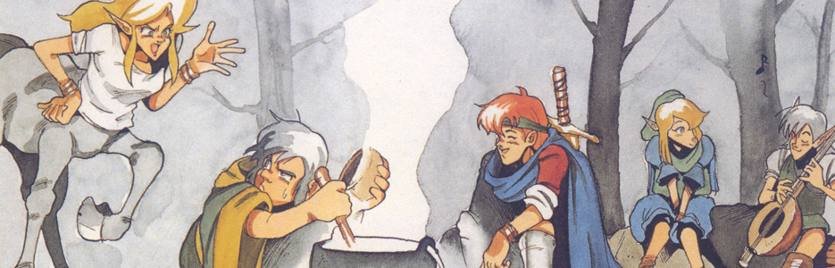 [The Shining Force: Max and Khris relax beside the cooking pot as Hans plays the lute and Mae grumbles at Lowe whilst he cooks]